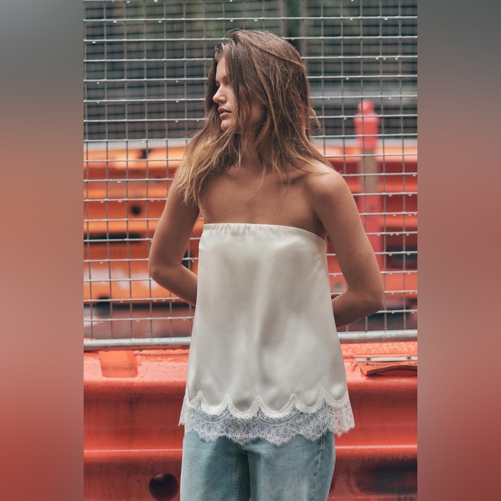 Zara White Lace Trim Satin Strapless Top